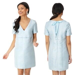 Tuckernuck Caroline Ice Blue Metallic Silver Shift Dress Bow Back size XS